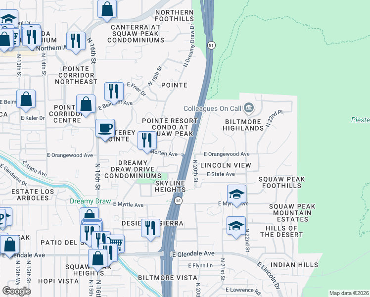 map of restaurants, bars, coffee shops, grocery stores, and more near 1880 East Morten Avenue in Phoenix