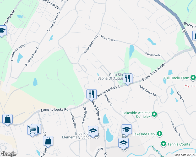 map of restaurants, bars, coffee shops, grocery stores, and more near 613 McKinnes Branch in Evans