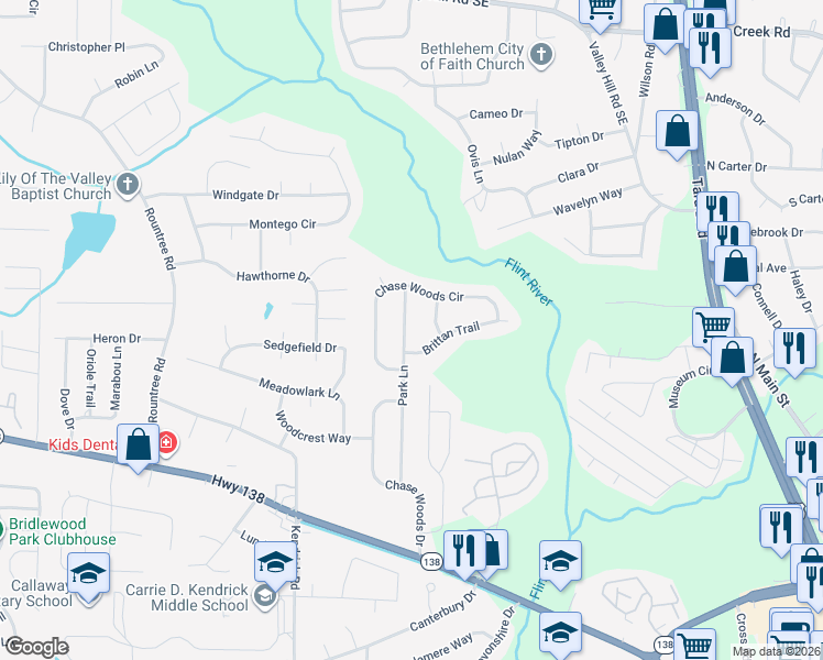 map of restaurants, bars, coffee shops, grocery stores, and more near 7638 Park Lane in Jonesboro