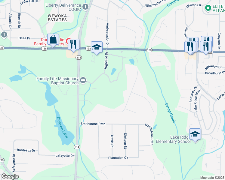 map of restaurants, bars, coffee shops, grocery stores, and more near 175 Highland Hills Road in Fayetteville