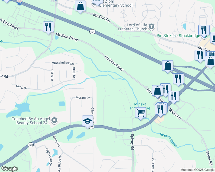map of restaurants, bars, coffee shops, grocery stores, and more near 7620 Glen Devon Road in Jonesboro