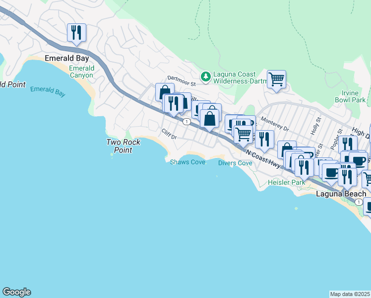 map of restaurants, bars, coffee shops, grocery stores, and more near 1101 Marine Drive in Laguna Beach