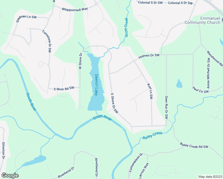 map of restaurants, bars, coffee shops, grocery stores, and more near East Shore Drive Southwest in Rockdale County
