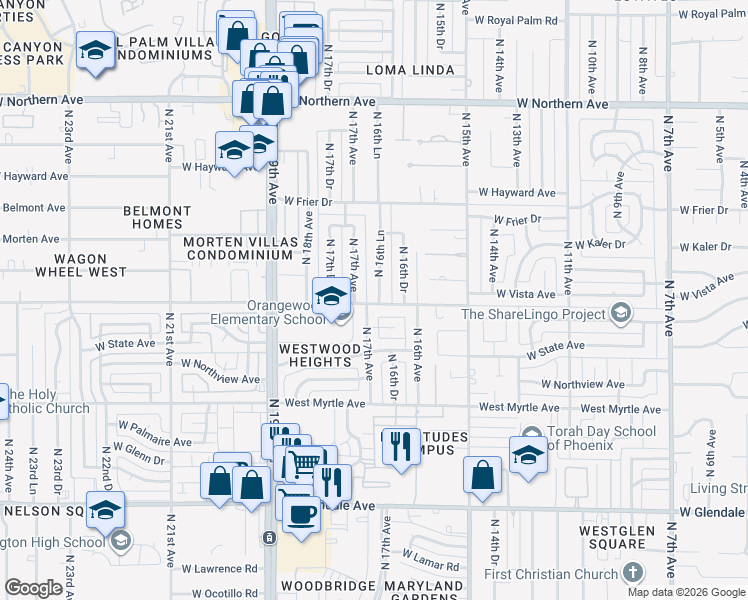 map of restaurants, bars, coffee shops, grocery stores, and more near 7500 North 16th Lane in Phoenix