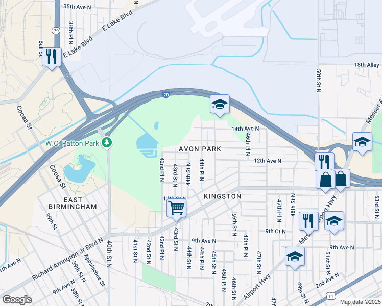 map of restaurants, bars, coffee shops, grocery stores, and more near 1297 44th Street North in Birmingham