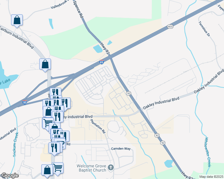 map of restaurants, bars, coffee shops, grocery stores, and more near 7621 Avalon Boulevard in Fairburn