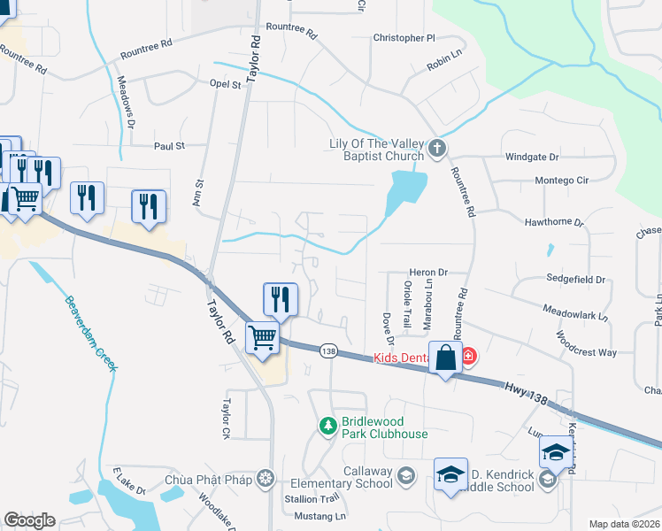 map of restaurants, bars, coffee shops, grocery stores, and more near 238 Antebellum Circle in Riverdale