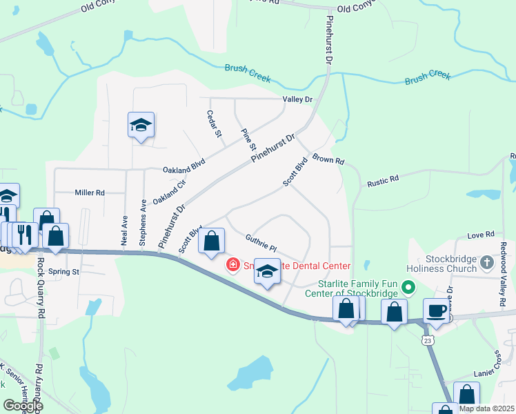map of restaurants, bars, coffee shops, grocery stores, and more near 170 Scott Boulevard in Stockbridge