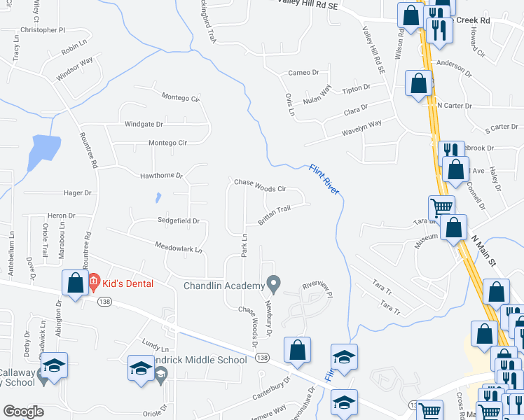 map of restaurants, bars, coffee shops, grocery stores, and more near 7643 Ward Lane in Jonesboro