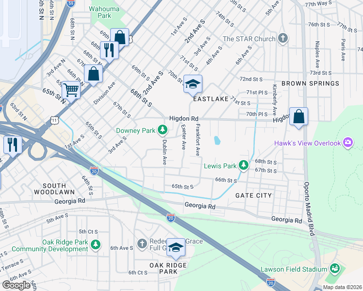 map of restaurants, bars, coffee shops, grocery stores, and more near 6740 Exeter Avenue in Birmingham