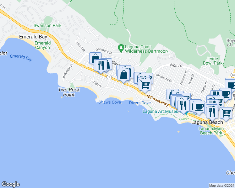 map of restaurants, bars, coffee shops, grocery stores, and more near 911 Cliff Drive in Laguna Beach