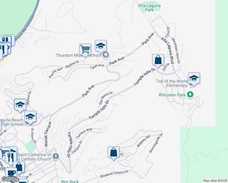 map of restaurants, bars, coffee shops, grocery stores, and more near 2094 San Remo Drive in Laguna Beach