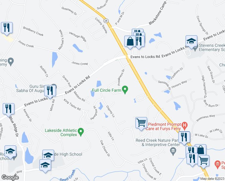 map of restaurants, bars, coffee shops, grocery stores, and more near 231 Full Circle Drive in Evans