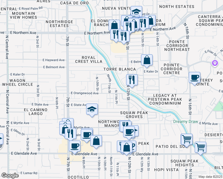 map of restaurants, bars, coffee shops, grocery stores, and more near 1105 East Vista Avenue in Phoenix