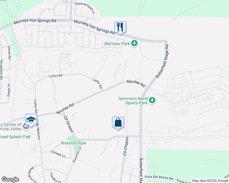 map of restaurants, bars, coffee shops, grocery stores, and more near 31895 Nicolas Road in Temecula