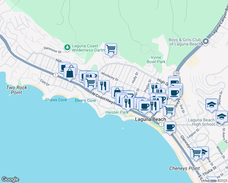 map of restaurants, bars, coffee shops, grocery stores, and more near 327 Locust Street in Laguna Beach