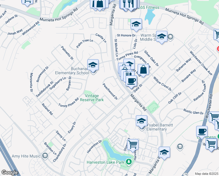 map of restaurants, bars, coffee shops, grocery stores, and more near 26632 Peachwood Drive in Murrieta