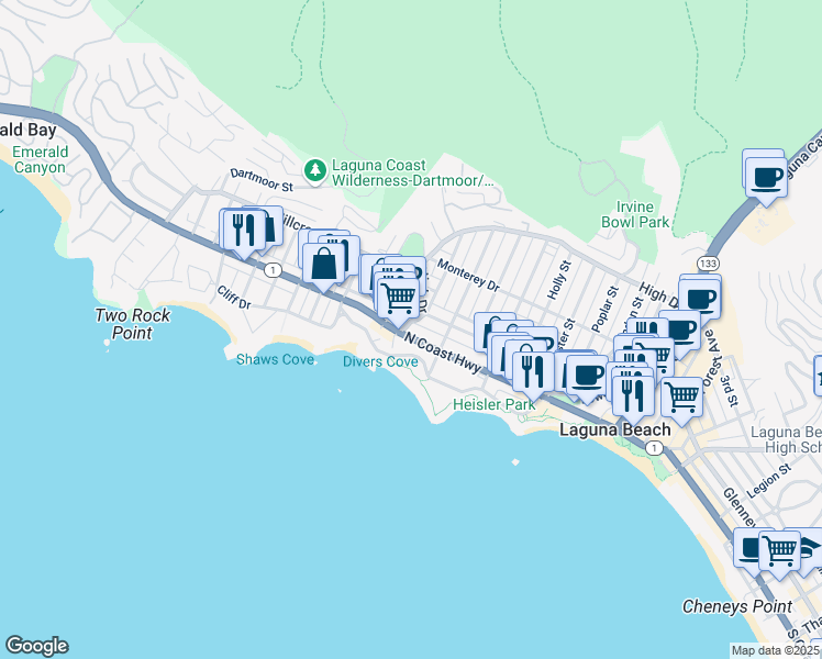 map of restaurants, bars, coffee shops, grocery stores, and more near 590 North Coast Highway in Laguna Beach