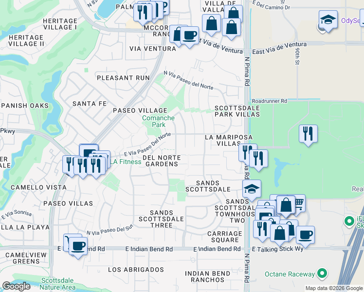 map of restaurants, bars, coffee shops, grocery stores, and more near 7510 North Vía De La Campana in Scottsdale