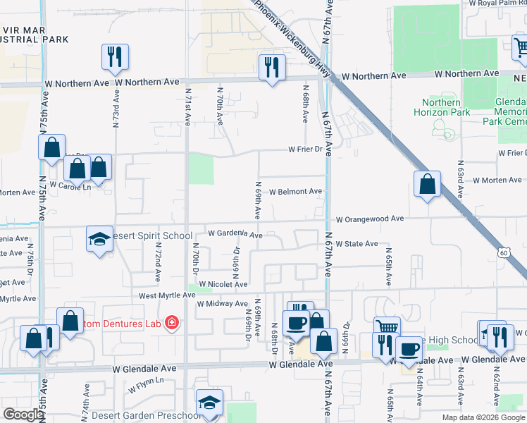 map of restaurants, bars, coffee shops, grocery stores, and more near 7515 North 69th Avenue in Glendale