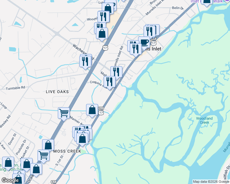 map of restaurants, bars, coffee shops, grocery stores, and more near 4657 U.S. 17 Business in Murrells Inlet