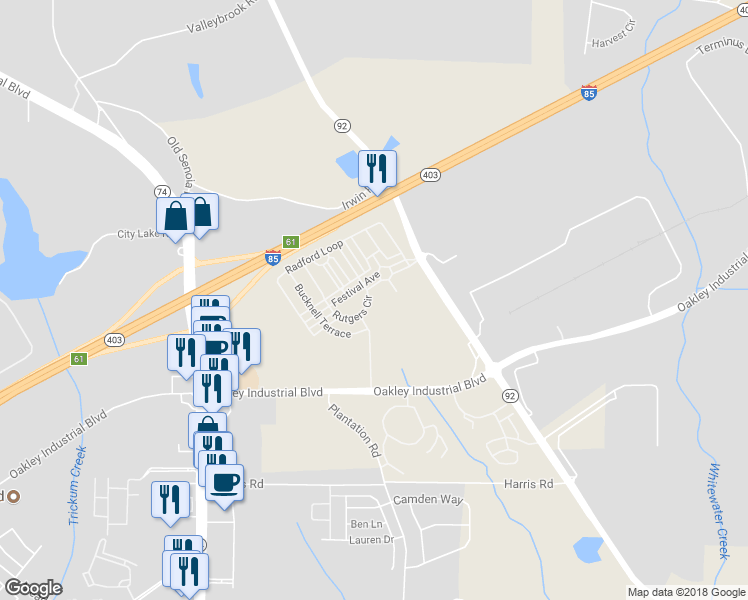 map of restaurants, bars, coffee shops, grocery stores, and more near 7600 Rutgers Circle in Fairburn
