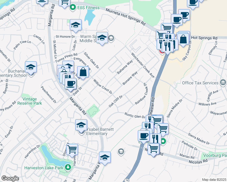 map of restaurants, bars, coffee shops, grocery stores, and more near 39640 Bonaire Way in Murrieta