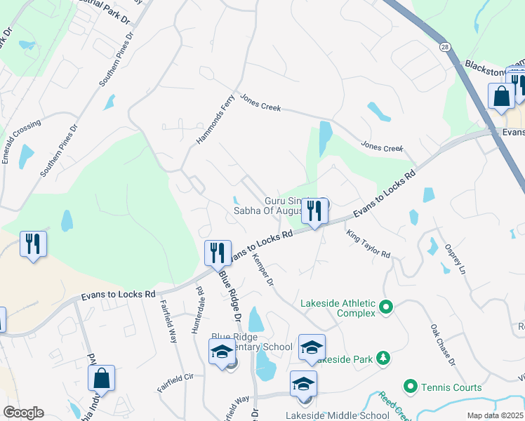 map of restaurants, bars, coffee shops, grocery stores, and more near 1016 Barrett Dr in Evans