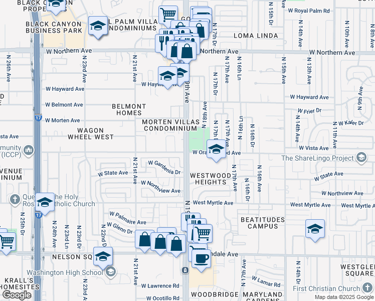 map of restaurants, bars, coffee shops, grocery stores, and more near 7337 North 19th Avenue in Phoenix