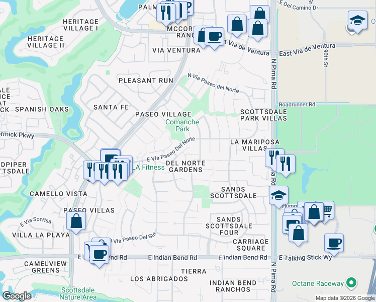 map of restaurants, bars, coffee shops, grocery stores, and more near 7515 North Del Norte Drive in Scottsdale