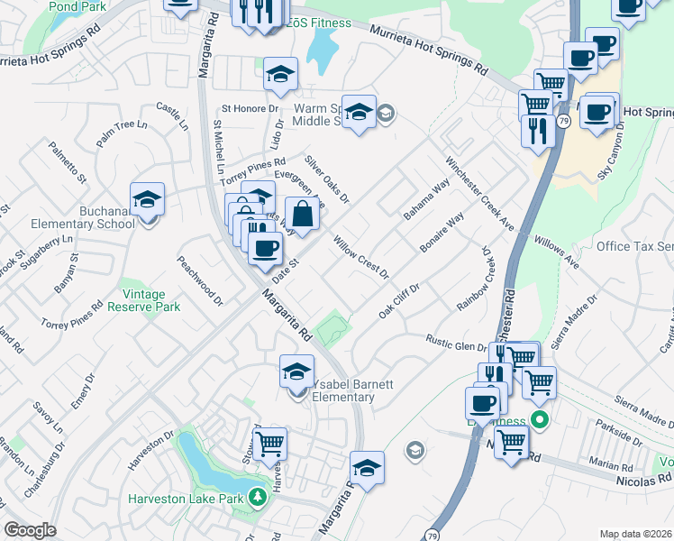 map of restaurants, bars, coffee shops, grocery stores, and more near 39737 Barbados Drive in Murrieta