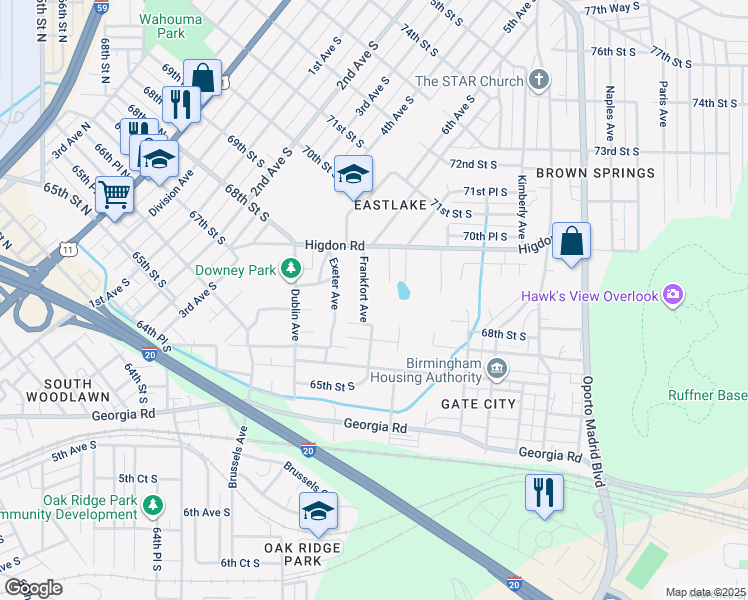 map of restaurants, bars, coffee shops, grocery stores, and more near 6733 Frankfort Ave in Birmingham