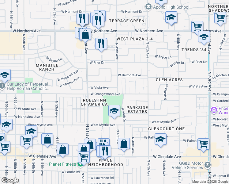 map of restaurants, bars, coffee shops, grocery stores, and more near 4928 West Orangewood Avenue in Glendale