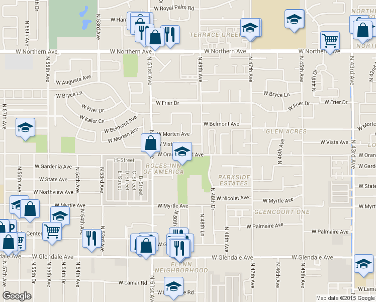 map of restaurants, bars, coffee shops, grocery stores, and more near 4928 West Orangewood Avenue in Glendale