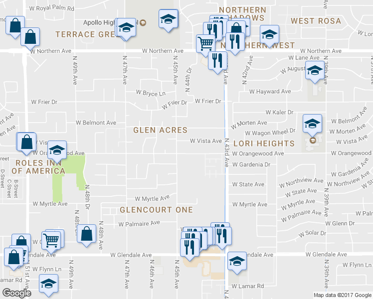 map of restaurants, bars, coffee shops, grocery stores, and more near 4468 West Orangewood Avenue in Glendale