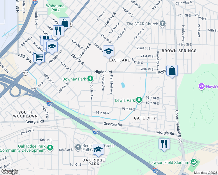 map of restaurants, bars, coffee shops, grocery stores, and more near 6733 Frankfort Avenue in Birmingham