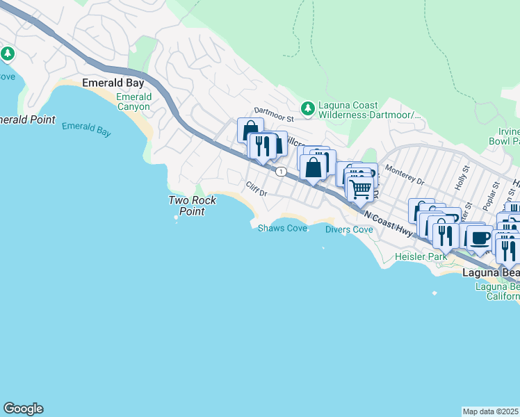 map of restaurants, bars, coffee shops, grocery stores, and more near 1137 Marine Drive in Laguna Beach