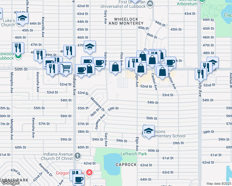 map of restaurants, bars, coffee shops, grocery stores, and more near 3026 54th Street in Lubbock