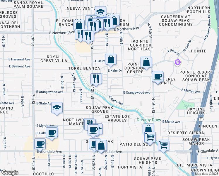 map of restaurants, bars, coffee shops, grocery stores, and more near 7512 North 13th Street in Phoenix