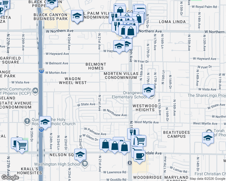 map of restaurants, bars, coffee shops, grocery stores, and more near 2020 West Orangewood Avenue in Phoenix