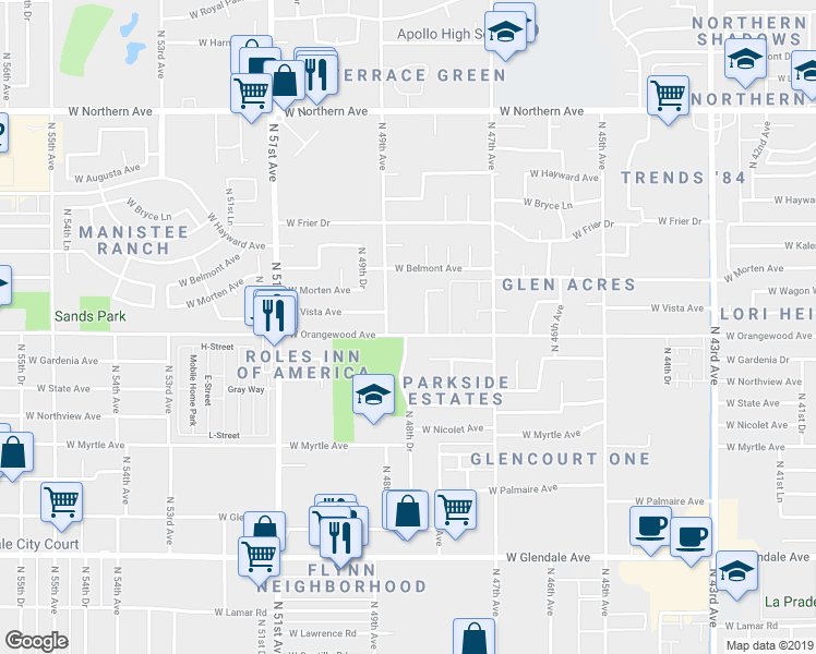map of restaurants, bars, coffee shops, grocery stores, and more near 4850 West Orangewood Avenue in Glendale