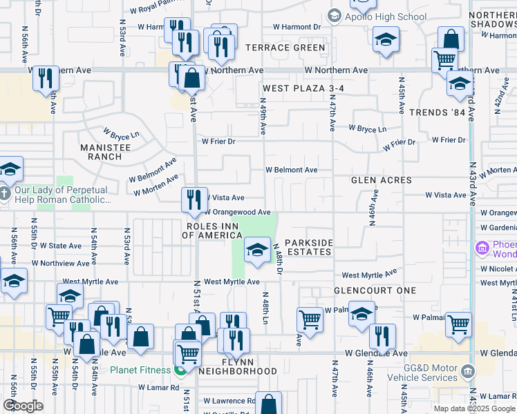 map of restaurants, bars, coffee shops, grocery stores, and more near 4928 West Orangewood Avenue in Glendale