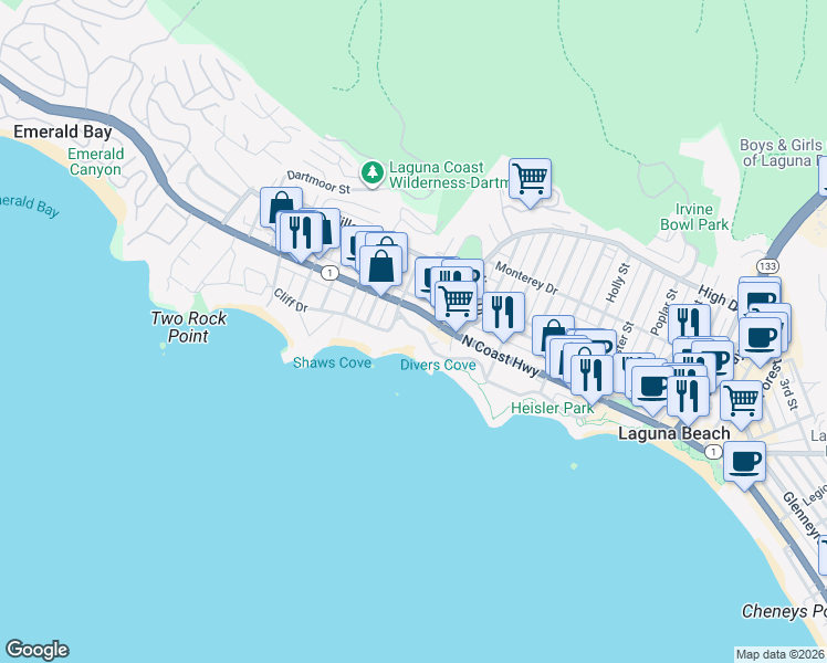 map of restaurants, bars, coffee shops, grocery stores, and more near 678 Cliff Drive in Laguna Beach