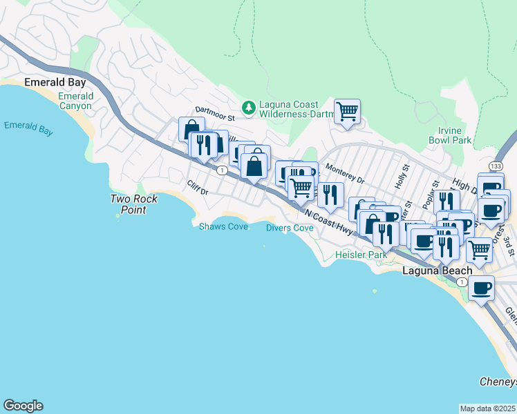 map of restaurants, bars, coffee shops, grocery stores, and more near 845 Cliff Drive in Laguna Beach