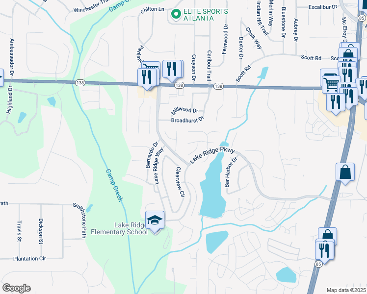 map of restaurants, bars, coffee shops, grocery stores, and more near 1202 West Briar Gate Court in Riverdale
