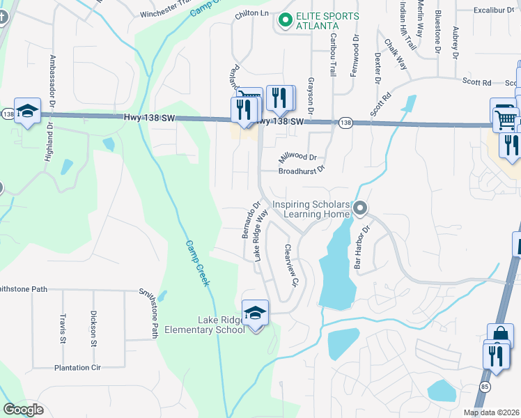 map of restaurants, bars, coffee shops, grocery stores, and more near 7672 Bernardo Drive in Riverdale