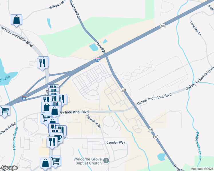map of restaurants, bars, coffee shops, grocery stores, and more near 7621 Avalon Boulevard in Fairburn