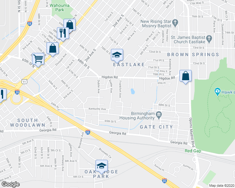 map of restaurants, bars, coffee shops, grocery stores, and more near 6733 Frankfort Avenue in Birmingham