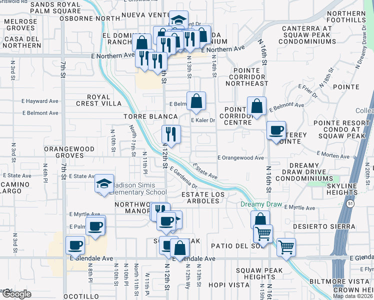 map of restaurants, bars, coffee shops, grocery stores, and more near 1241 East Vista Avenue in Phoenix