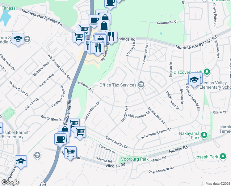 map of restaurants, bars, coffee shops, grocery stores, and more near 39434 Napa Creek Drive in Murrieta